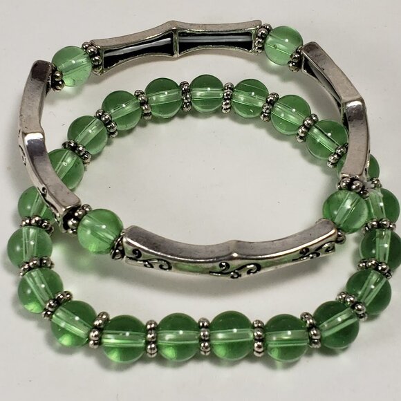 Women's Set Of 2 Silver & Green  Beaded Stretchy Bracelet -  Fashion Jewelry - Picture 3 of 7